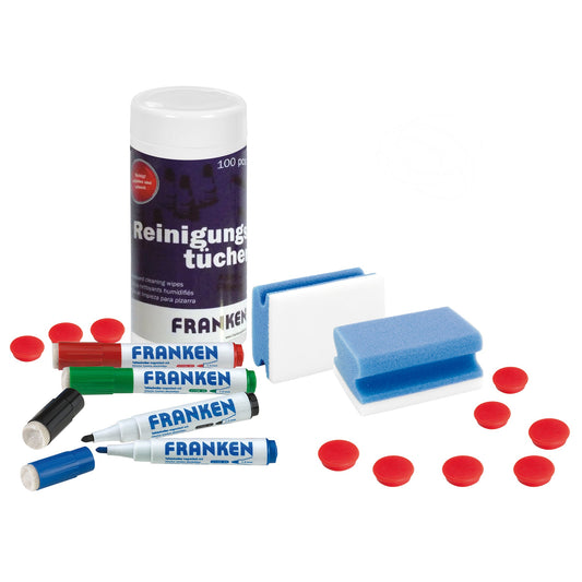 FRANKEN Starterset Magnettafel 4 KombiMarker MagWrite (rot, grün, blau, schwarz) mit Schwamm u. magnetischer Kappe, 1 x 100 St./Pack. feuchte Reinigungstücher, 2 Reinigungsschwämme X-Wipe, 10 Magnete rot, grün, blau, schwarz