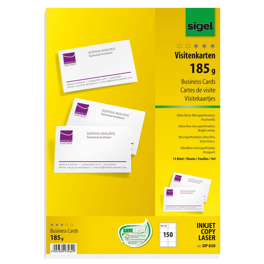 SIGEL Visitenkarte DIN A4 185g/m² hochweiß 15 Bl./Pack. 150 St./Pack.