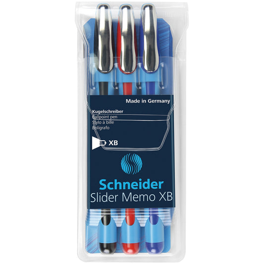 Schneider Kugelschreiber Slider Memo XB 0,7mm XB rot, blau, schwarz Mine nicht auswechselbar Schaftfarbe: cyan/farbig sortiert 3 St./Pack.