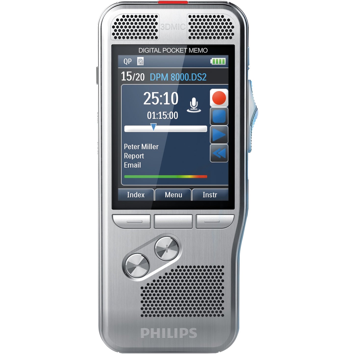 Philips Diktiergerät Digital Pocket Memo DPM 8000 5,3 x 12,3 x 1,5 cm (B x H x T) 2.800 (SP), 1.400 (QP), 200 (MP3), 108 (PCM Voice), 52 (PCM Stereo)h