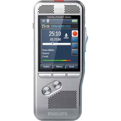 Philips Diktiergerät Digital Pocket Memo DPM 8000 5,3 x 12,3 x 1,5 cm (B x H x T) 2.800 (SP), 1.400 (QP), 200 (MP3), 108 (PCM Voice), 52 (PCM Stereo)h