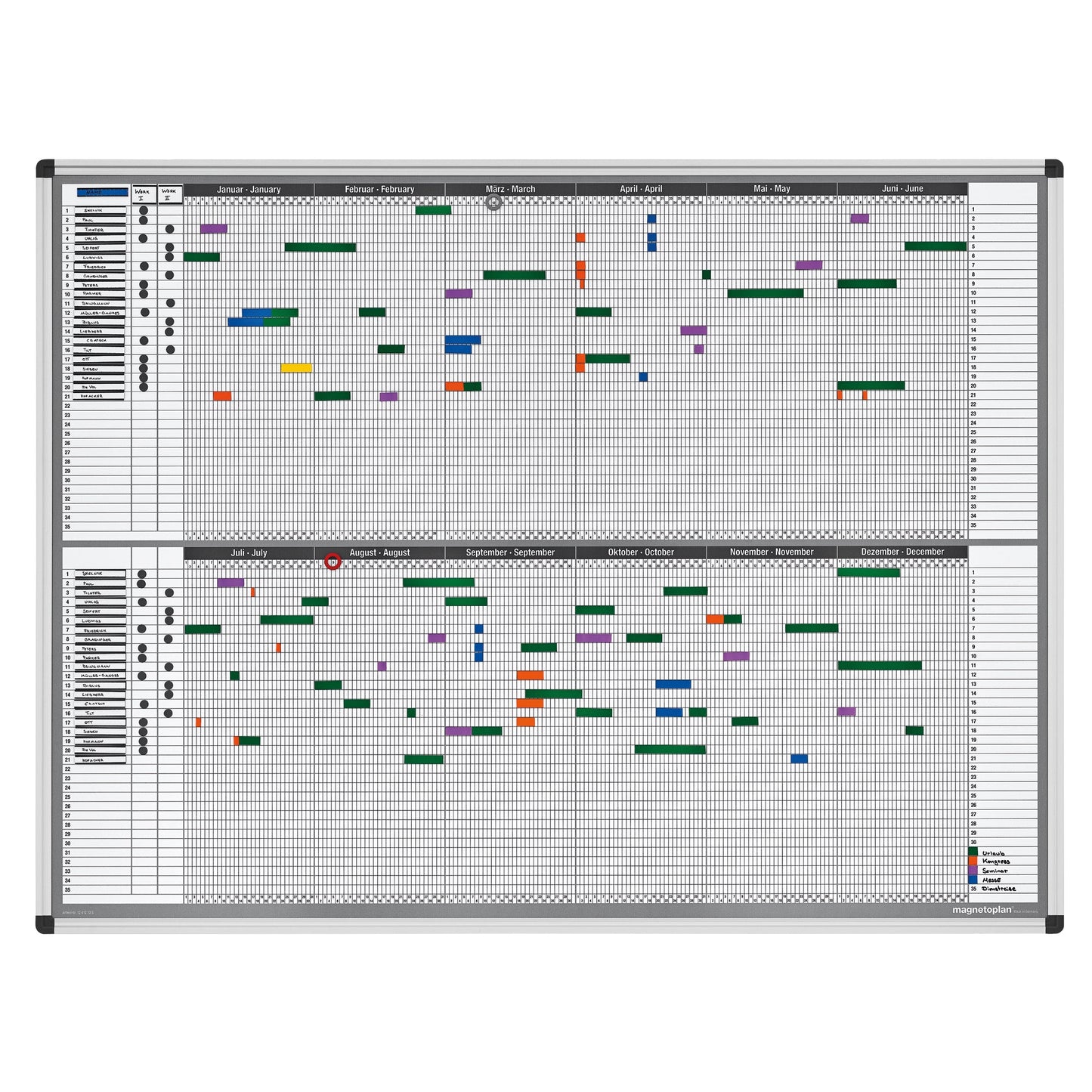 magnetoplan® Jahresplaner 121,5 x 91,5 cm (B x H) 35 Mitarbeiter/Projekte inkl. 1 Boardmarker, 1 OHP-Marker, 1 Datumsmagnet Aluminium weiß