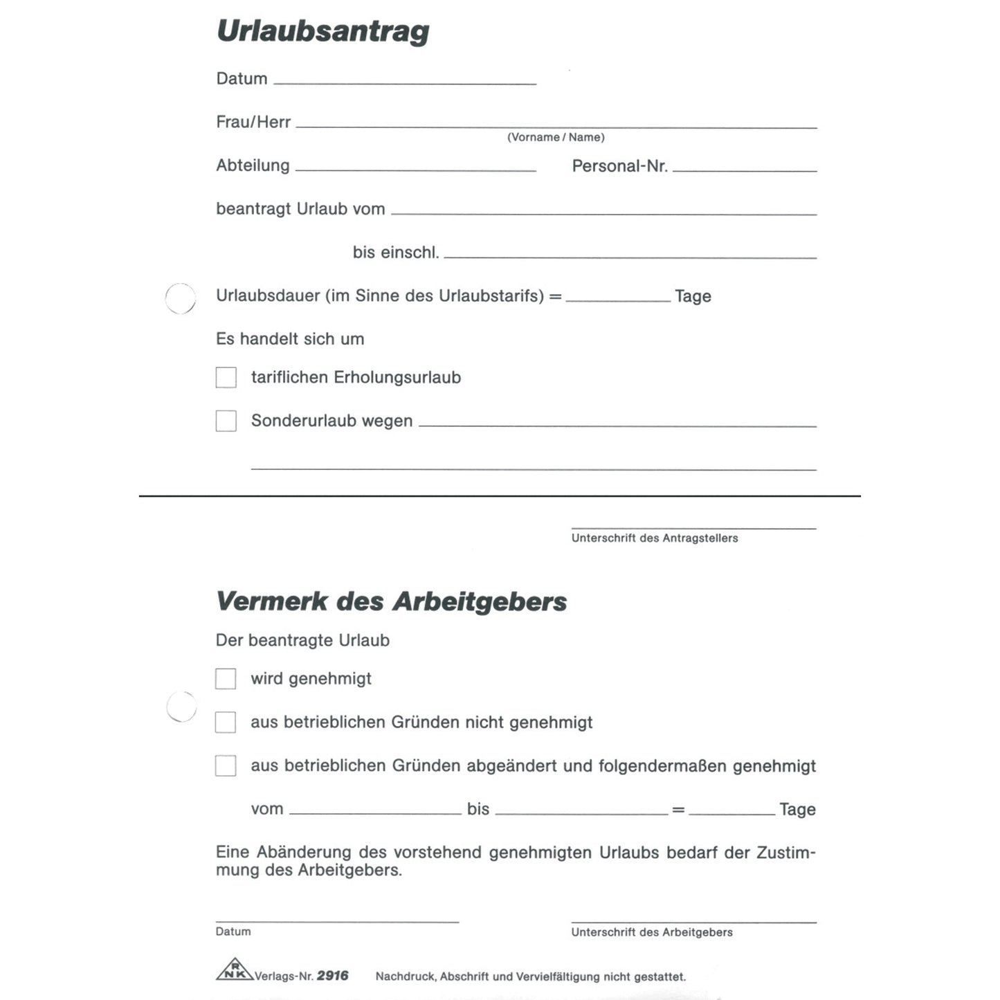 RNK Verlag Urlaubsantrag DIN A5 selbstdurchschreibend 2 x 40 Bl. 1 Durchschlag