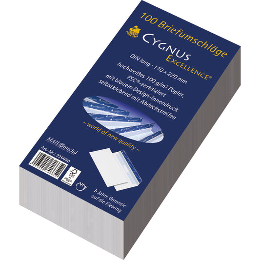 Cygnus Excellence® Briefumschlag DIN lang 220 x 110 mm (B x H) mit Haftklebung ohne Fenster 100g/m² hochweiß 100 St./Pack.