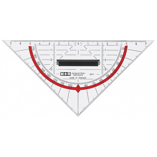 M+R Geometriedreieck 16cm mit farbig hinterlegten Winkelgraden unterseitig mit Griff Acrylglas glasklar/rot