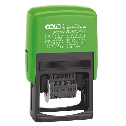 COLOP® Wortbandstempel S 220/W Green Line 24 x 4 mm (B x H) schwarz ABLAGE, EILT SEHR!, EINSCHREIBEN, GEPRÜFT, KOPIE, NACHNAHME, ORIGINAL, PÄCKCHEN, PERSÖNLICH, VERTRAULICH, INFOBRIEF, INFOPOST Kunststoff, 80 % recycelt grün/schwarz