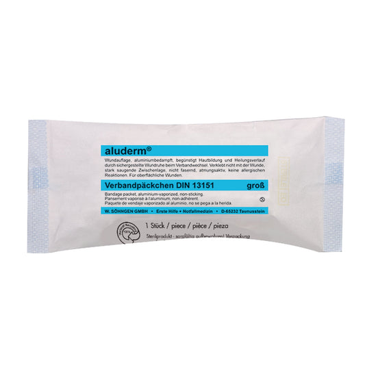 aluderm® Verband 10 cm x 4 m (B x L) Maße Kompresse: 12 x 10 cm (B x L) Polyestervlies, aluminiumbedampft