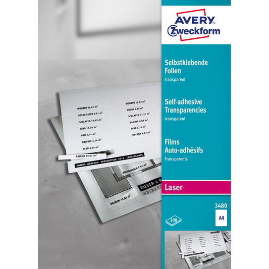 Avery Zweckform Selbstklebefolie DIN A4 140µm stapelverarbeitbar Polyester transparent einseitig beschichtet 100 Folien/Pack.