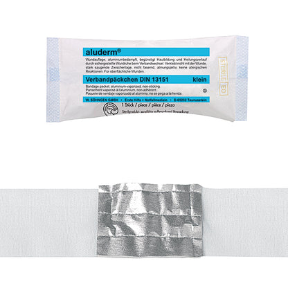 aluderm® Verband 6 cm x 3 m (B x L) Maße Kompresse: 8 x 6 cm (B x L) Polyestervlies, aluminiumbedampft