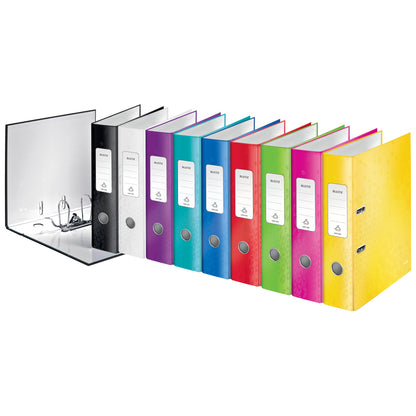 Leitz Ordner WOW 80mm DIN A4 Rückenschild: geklebt mit Schlitzen Werkstoff: Graupappe Material außen: Papier, laminiert Material innen: Papier, laminiert eisblau