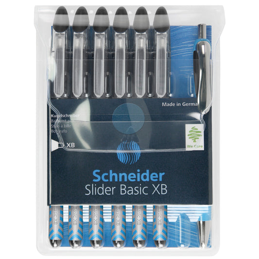 Schneider Kugelschreiber Slider Basic 0,7mm schwarz Mine nicht auswechselbar dokumentenecht inkl. Schneider Druckkugelschreiber Slider Rave schwarz Schaftfarbe: transparent 6 St./Pack.