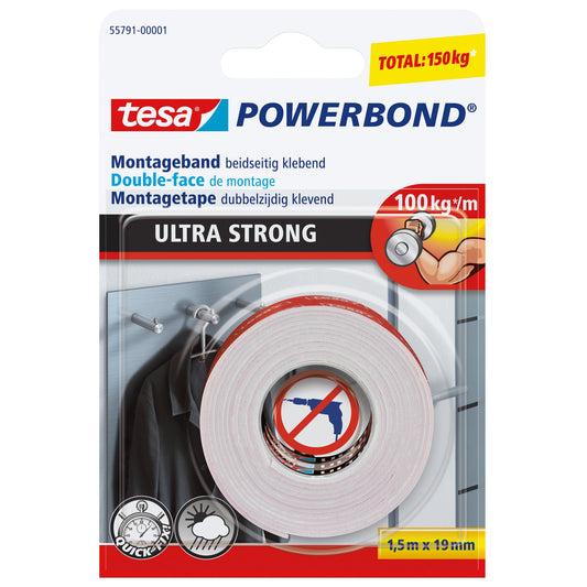 tesa® Montageklebeband Powerbond® Ultra Strong Innenbereich, regengeschützter Außenbereich 19 mm x 1,5 m (B x L) 150kg beidseitig klebend weiß