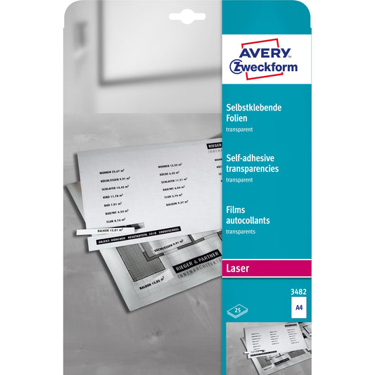 Avery Zweckform Selbstklebefolie DIN A4 140µm stapelverarbeitbar Polyester transparent einseitig beschichtet 25 Folien/Pack.
