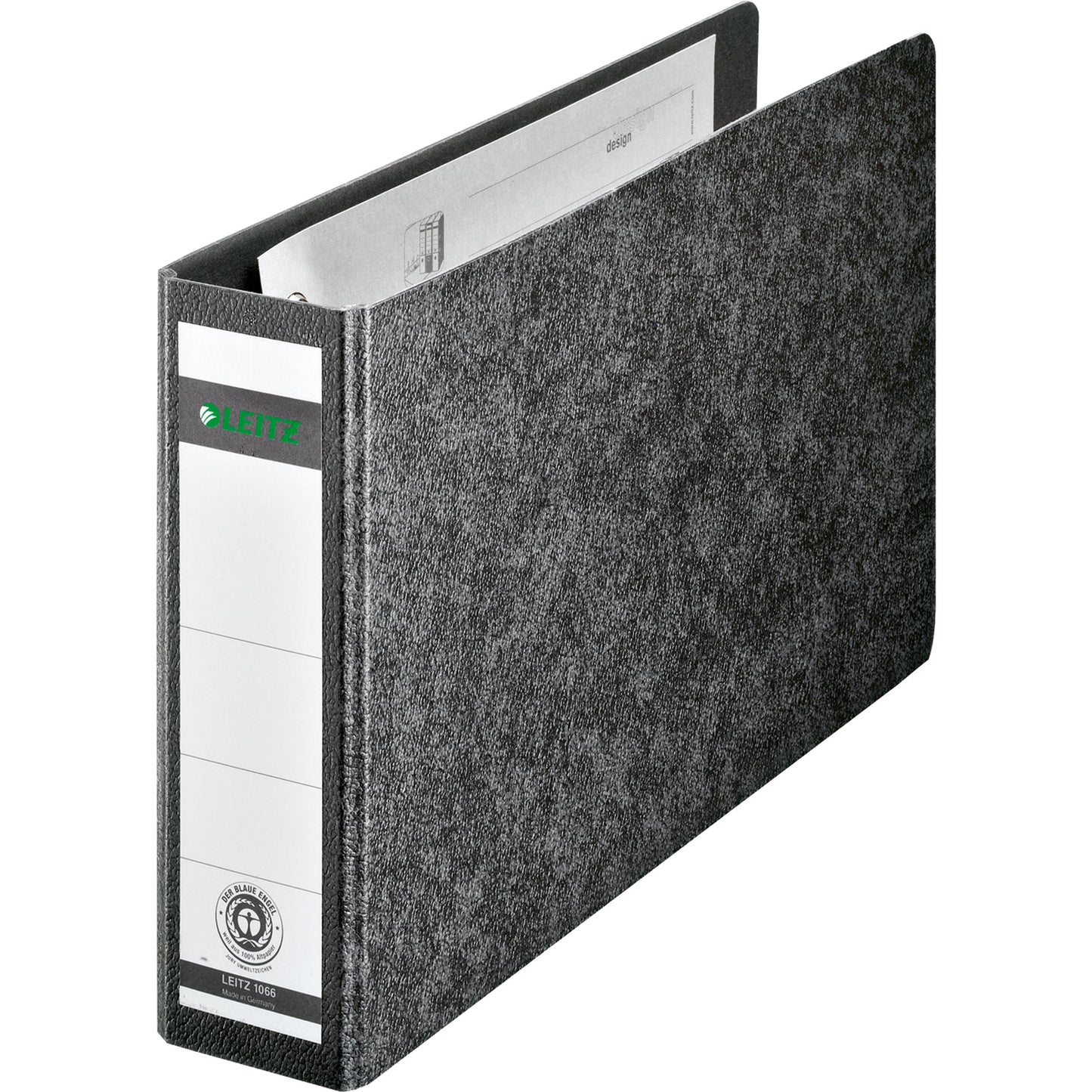 Leitz Ordner 55mm DIN A5 quer Rückenschild: geklebt ohne Schlitze Werkstoff: Hartpappe, recycelt Material außen: Papier Material innen: Papier schwarz