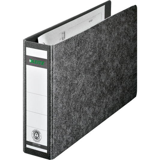 Leitz Ordner 55mm DIN A5 quer Rückenschild: geklebt ohne Schlitze Werkstoff: Hartpappe, recycelt Material außen: Papier Material innen: Papier schwarz