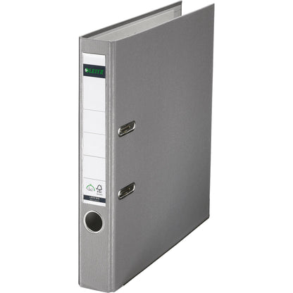 Leitz Ordner 52mm DIN A4 Rückenschild: einsteckbar mit Schlitzen Werkstoff: Graupappe, recycelt Material außen: Polypropylenfolie Material innen: Papier, PE beschichtet grau