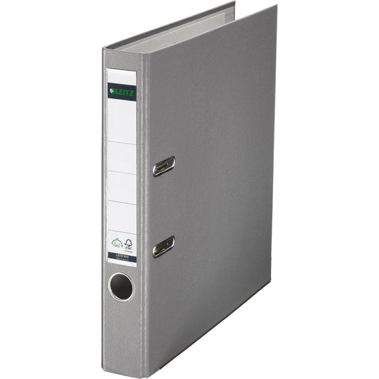 Leitz Ordner 52mm DIN A4 Rückenschild: einsteckbar mit Schlitzen Werkstoff: Graupappe, recycelt Material außen: Polypropylenfolie Material innen: Papier, PE beschichtet grau