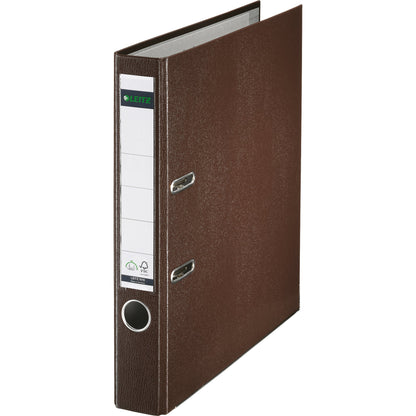 Leitz Ordner 52mm DIN A4 Rückenschild: einsteckbar mit Schlitzen Werkstoff: Graupappe, recycelt Material außen: Polypropylenfolie Material innen: Papier, PE beschichtet braun