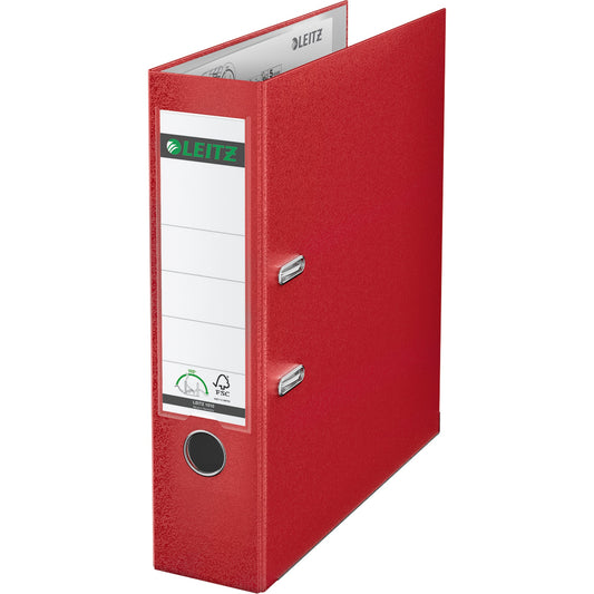 Leitz Ordner 80mm DIN A4 Rückenschild: einsteckbar mit Schlitzen Werkstoff: Graupappe, recycelt Material außen: Polypropylenfolie Material innen: Papier, PE beschichtet rot