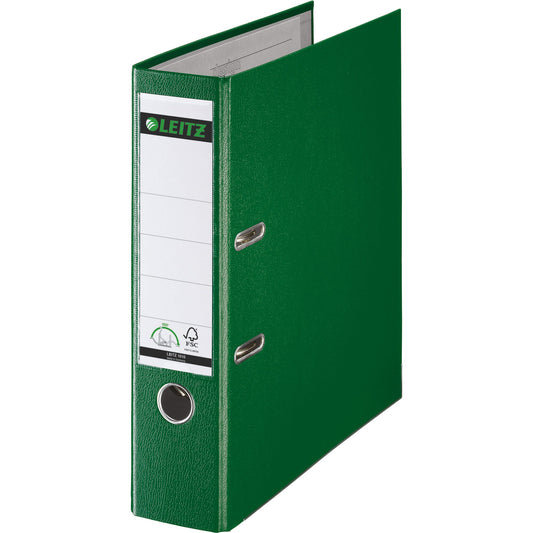 Leitz Ordner 80mm DIN A4 Rückenschild: einsteckbar mit Schlitzen Werkstoff: Graupappe, recycelt Material außen: Polypropylenfolie Material innen: Papier, PE beschichtet grün