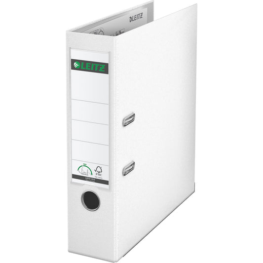 Leitz Ordner 80mm DIN A4 Rückenschild: einsteckbar mit Schlitzen Werkstoff: Graupappe, recycelt Material außen: Polypropylenfolie Material innen: Papier, PE beschichtet weiß