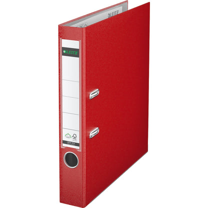 Leitz Ordner 52mm DIN A4 Rückenschild: einsteckbar mit Schlitzen Werkstoff: Graupappe, recycelt Material außen: Polypropylenfolie Material innen: Papier, PE beschichtet rot