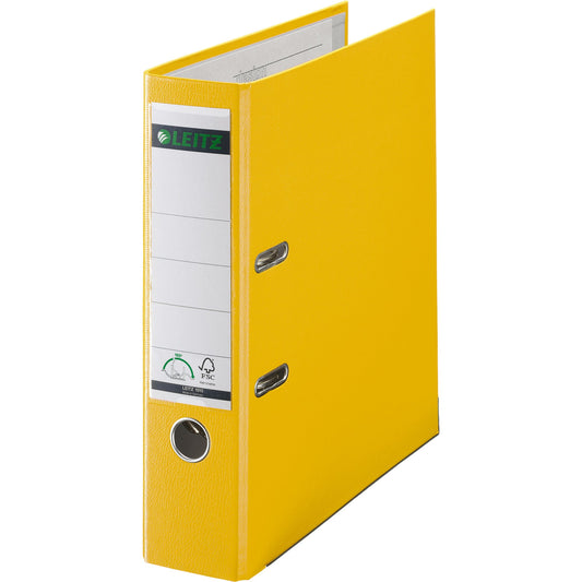 Leitz Ordner 80mm DIN A4 Rückenschild: einsteckbar mit Schlitzen Werkstoff: Graupappe, recycelt Material außen: Polypropylenfolie Material innen: Papier, PE beschichtet gelb