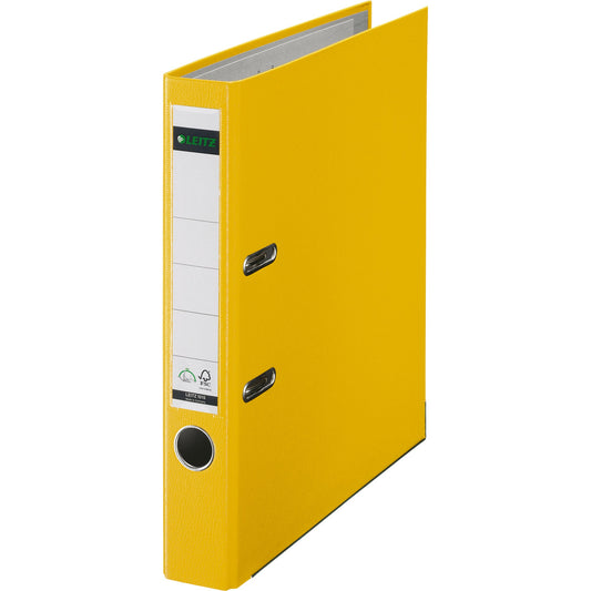 Leitz Ordner 52mm DIN A4 Rückenschild: einsteckbar mit Schlitzen Werkstoff: Graupappe, recycelt Material außen: Polypropylenfolie Material innen: Papier, PE beschichtet gelb