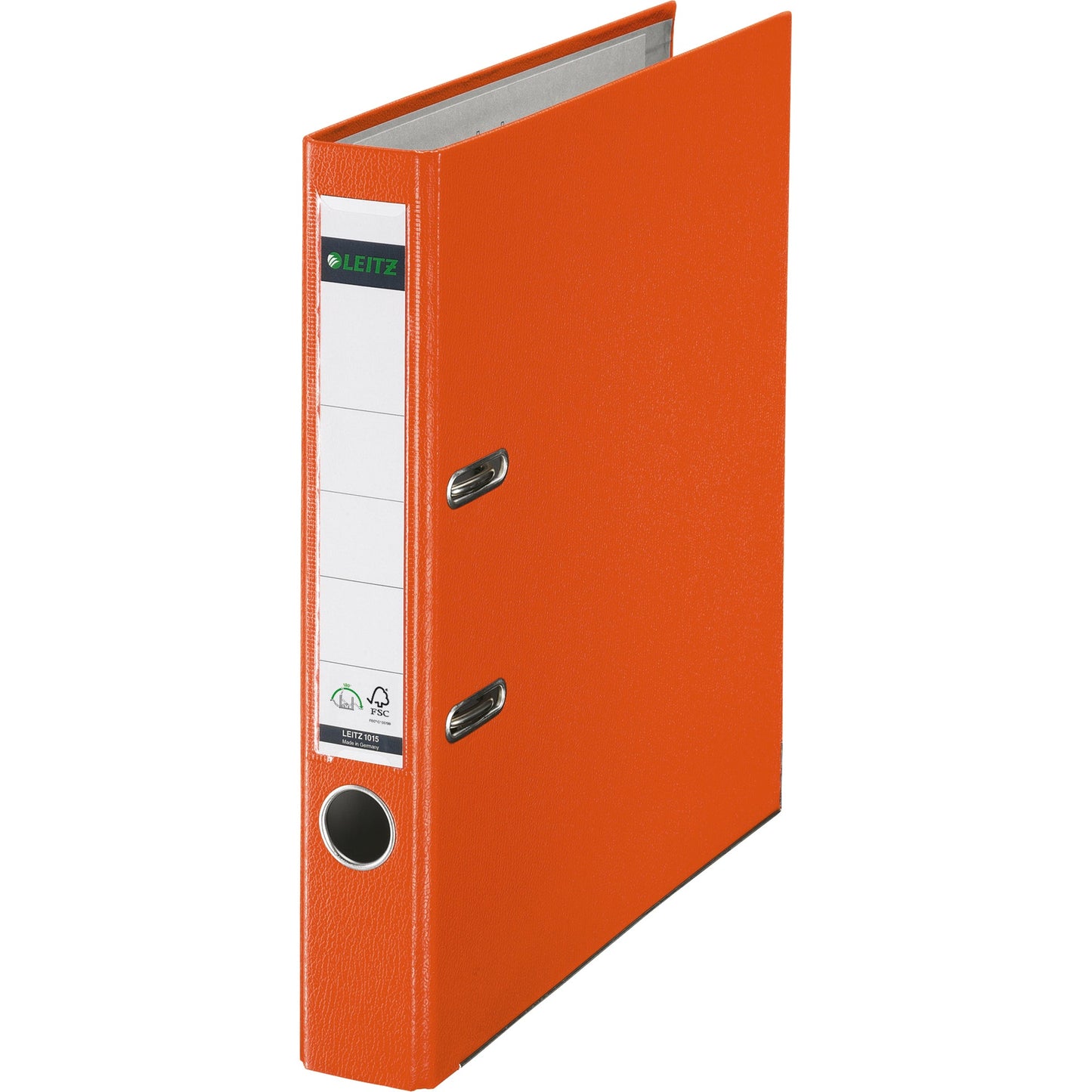 Leitz Ordner 52mm DIN A4 Rückenschild: einsteckbar mit Schlitzen Werkstoff: Graupappe, recycelt Material außen: Polypropylenfolie Material innen: Papier, PE beschichtet orange