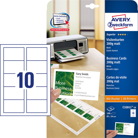 Avery Zweckform Visitenkarte Superior DIN A4 200g/m² weiß 10 Bl./Pack. 100 St./Pack.