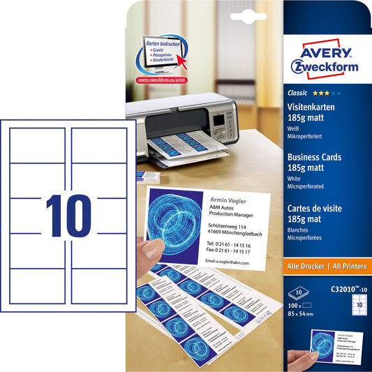 Avery Zweckform Visitenkarte Classic DIN A4 200g/m² weiß 10 Bl./Pack. 100 St./Pack.