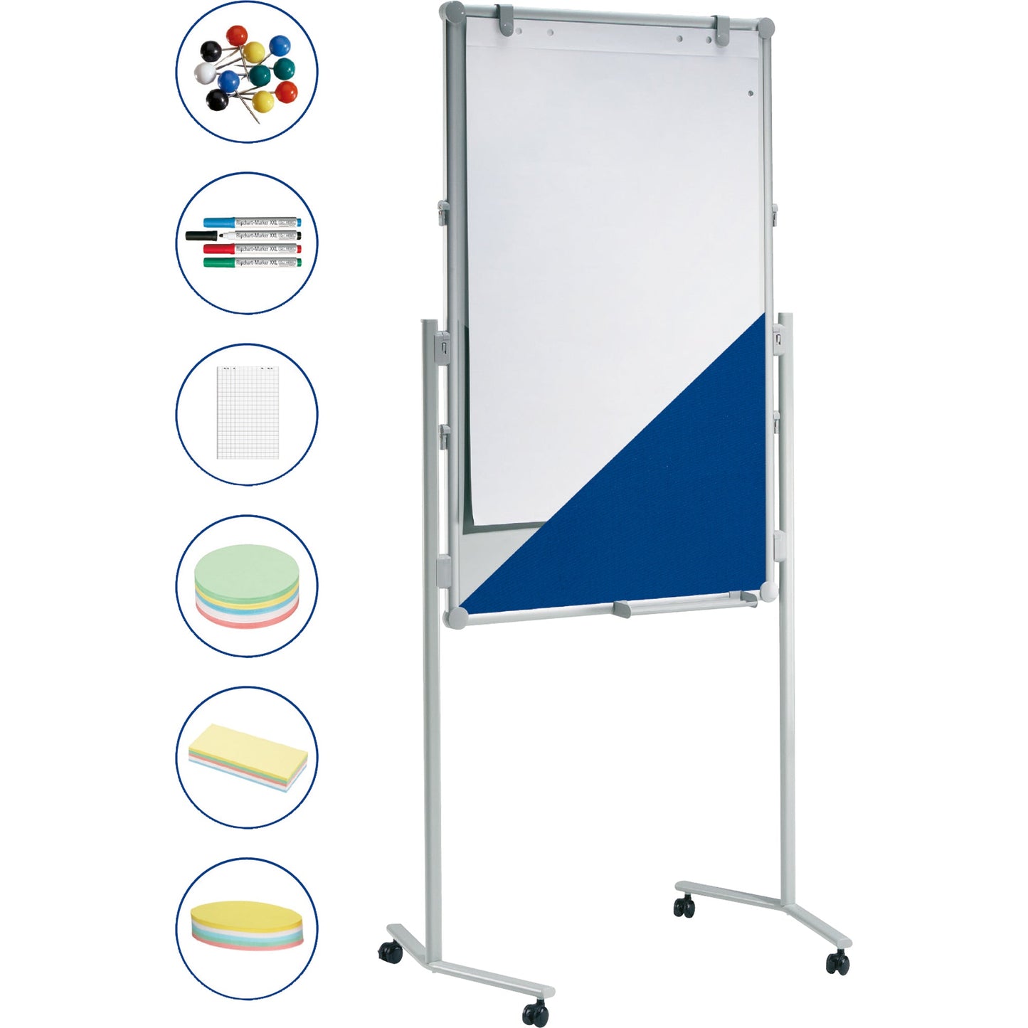 MAUL Moderationstafel MAULpro Maße der Oberfläche: 75 x 120 cm (B x H) inkl. Flipchart-Blockhalter, Flipchartblock, 4 Board-/Flipchartmarker, 360 Moderationskarten, 200 Signal-Nadeln Textil blau