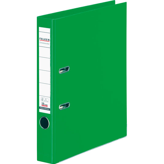 Falken Ordner Chromocolor 50mm DIN A4 Rückenschild: einsteckbar mit Schlitzen Werkstoff: Pappe Material außen: Polypropylen Material innen: Polypropylen grün