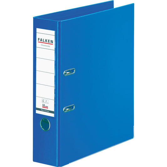 Falken Ordner Chromocolor 80mm DIN A4 Rückenschild: einsteckbar mit Schlitzen Werkstoff: Pappe Material außen: Polypropylen Material innen: Polypropylen blau