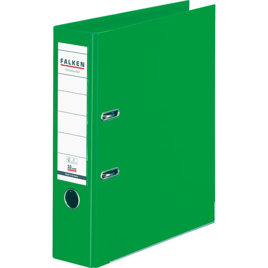 Falken Ordner Chromocolor 80mm DIN A4 Rückenschild: einsteckbar mit Schlitzen Werkstoff: Pappe Material außen: Polypropylen Material innen: Polypropylen grün