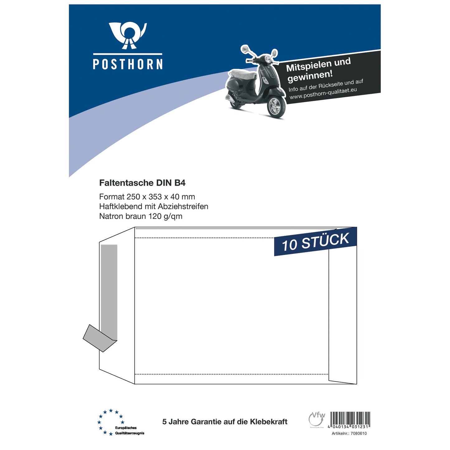POSTHORN Faltentasche DIN B4 250 x 353 mm (B x H) ohne Fenster 120g/m² mit Haftklebung Papier braun 10 St./Pack.