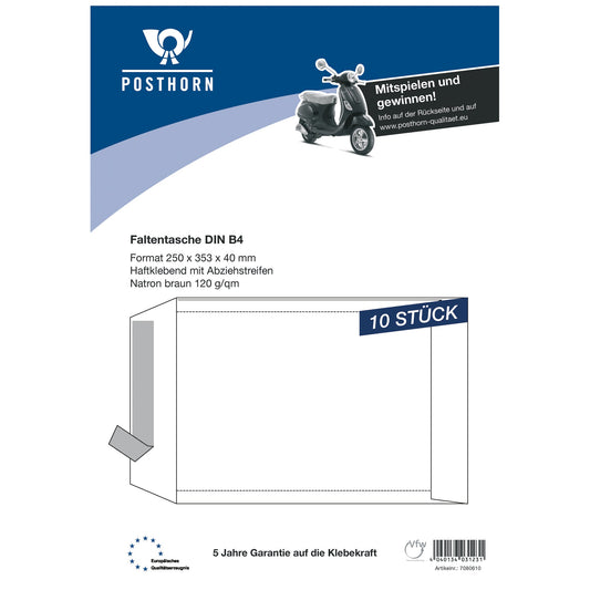 POSTHORN Faltentasche DIN B4 250 x 353 mm (B x H) ohne Fenster 120g/m² mit Haftklebung Papier braun 10 St./Pack.