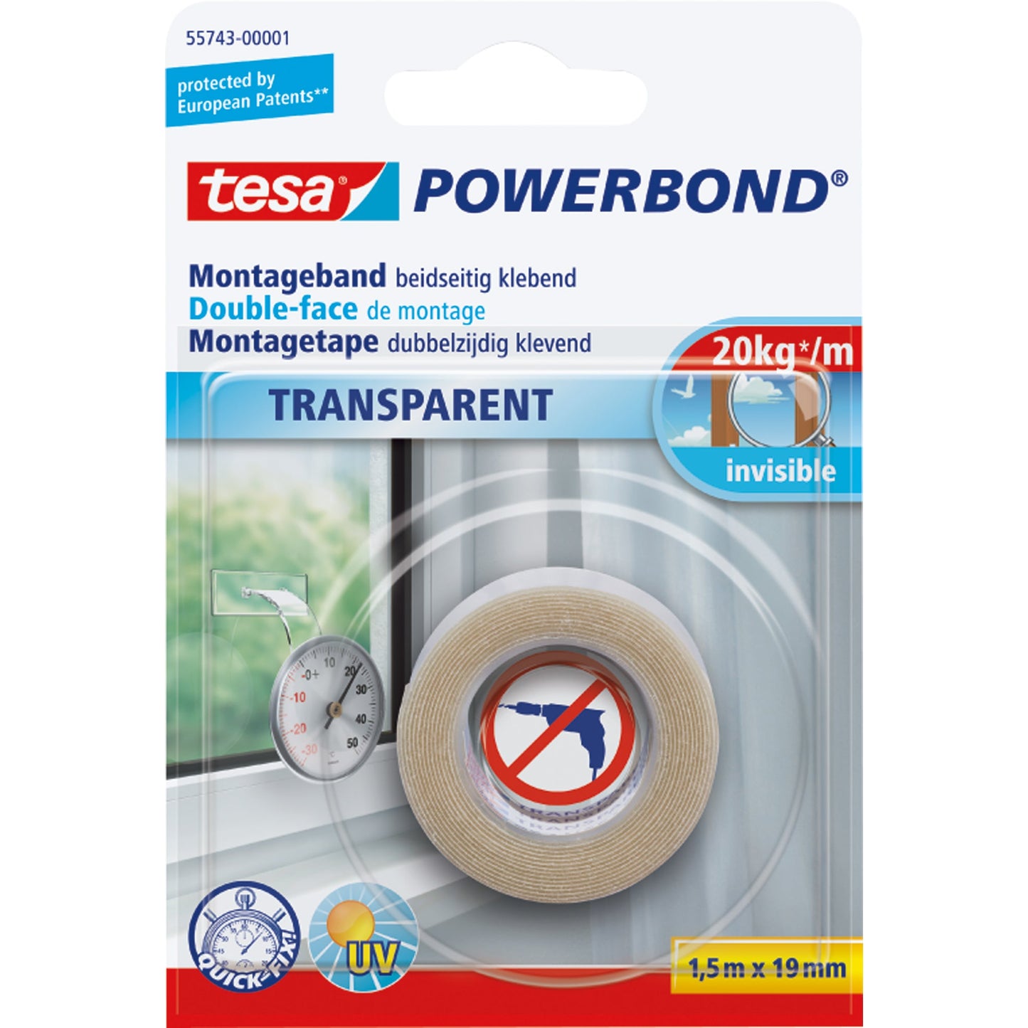 tesa® Montageklebeband Powerbond® Transparent Innenbereich 19 mm x 1,5 m (B x L) 20kg beidseitig klebend transparent