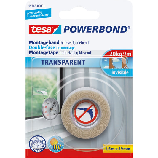 tesa® Montageklebeband Powerbond® Transparent Innenbereich 19 mm x 1,5 m (B x L) 20kg beidseitig klebend transparent