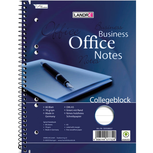 Landré Collegeblock Business Office Notes DIN A5 liniert mit Rand 70g/m² 80 Bl.