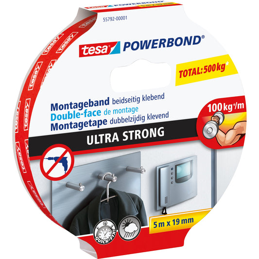 tesa® Montageklebeband Powerbond® Ultra Strong Innenbereich, regengeschützter Außenbereich 19 mm x 5 m (B x L) 500kg beidseitig klebend weiß