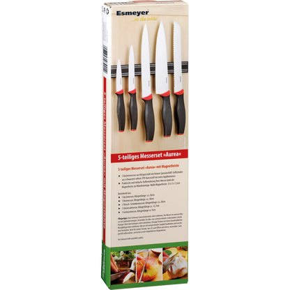 Esmeyer® Messerset AUREA je 1 x Chefmesser, Brotmesser, Fleischmesser, Universalmesser, Gemüsemesser, magnetische Hängeleiste 33 x 3 x 1,5 cm (B x H x T) Edelstahl schwarz/rot