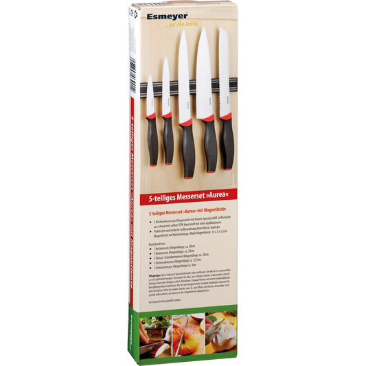 Esmeyer® Messerset AUREA je 1 x Chefmesser, Brotmesser, Fleischmesser, Universalmesser, Gemüsemesser, magnetische Hängeleiste 33 x 3 x 1,5 cm (B x H x T) Edelstahl schwarz/rot 5 St./Pack.