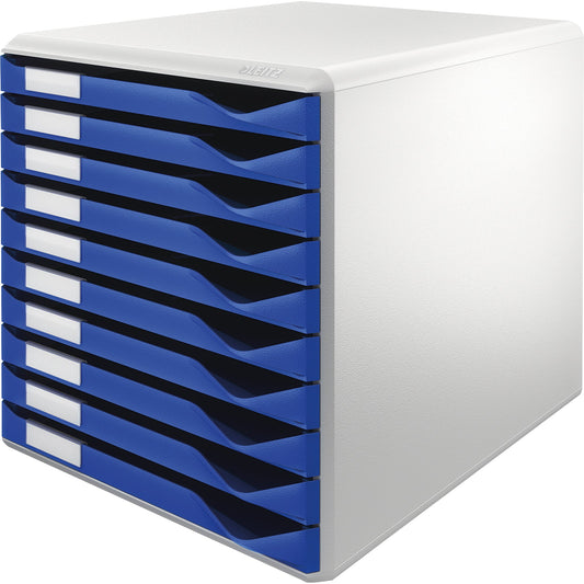 Leitz Schubladenbox 10 Schubladen DIN A4, Überbreite Polystyrol Gehäusefarbe: lichtgrau Farbe der Schublade: blau