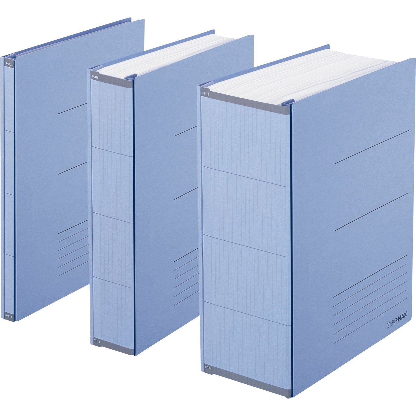 PLUS Japan Ordner Zero Max 10-100mm DIN A4 ohne Schlitze Werkstoff: Papier, 95 % recycelt Material außen: 95 % Recyclingzellstoff Material innen: 95 % Recyclingzellstoff blau