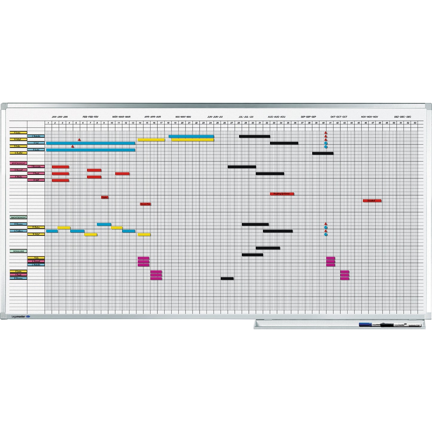 Legamaster Jahresplaner PROFESSIONAL 150 x 75 cm (B x H) 5-Tage-Woche 50 Mitarbeiter/Projekte inkl. Datumstreifenset 2 (7-404100), Boardmarker Aluminium weiß