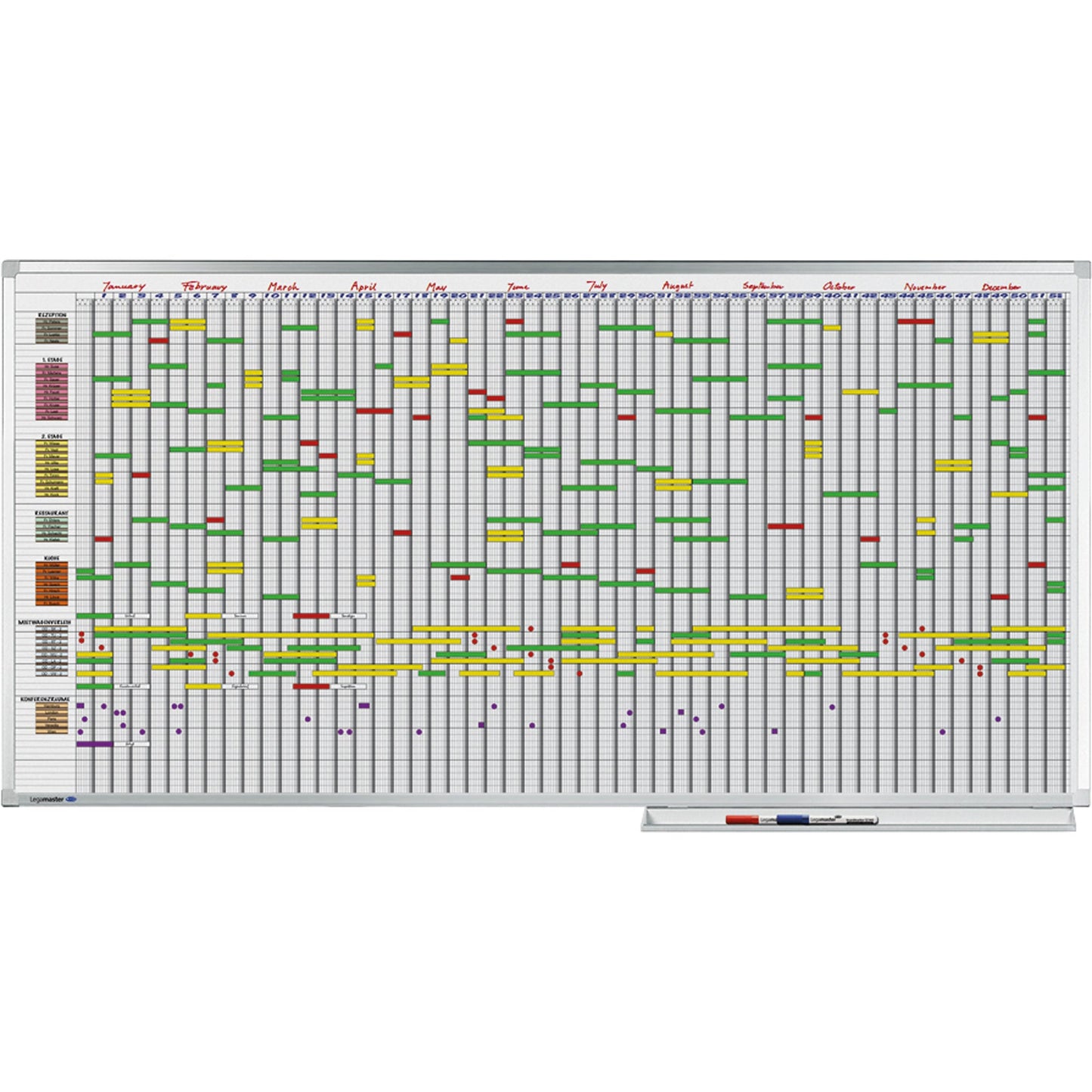 Legamaster Jahresplaner PROFESSIONAL 200 x 100 cm (B x H) 7-Tage-Woche 75 Mitarbeiter/Projekte inkl. Boardmarker, Datumstreifenset Aluminium weiß