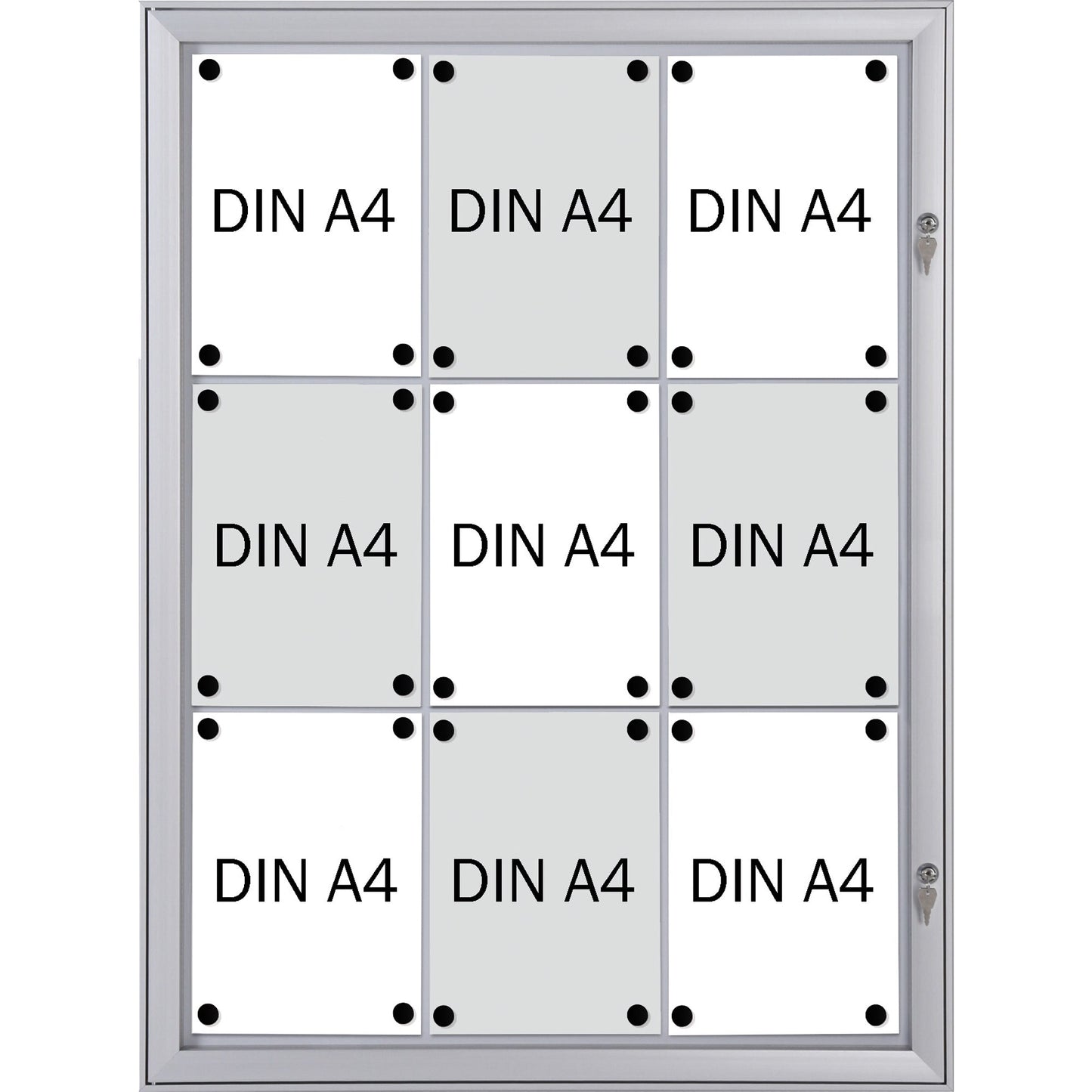 FRANKEN Schaukasten Security Innenbereich, regengeschützter Außenbereich 74,1 x 100,4 x 2,3 cm (B x H x T) 9 x DIN A4 mit Schloss Aluminium silber