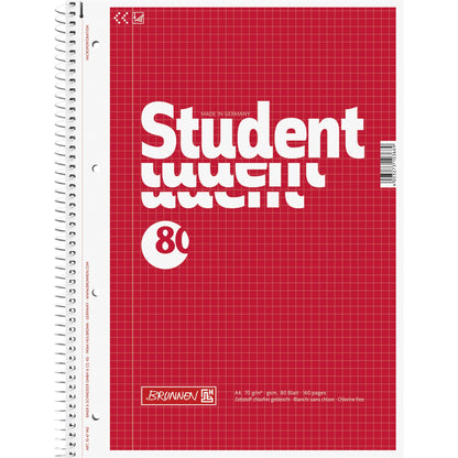BRUNNEN Collegeblock Student DIN A4 kariert mit Rand innen 70g/m² Karton rot 80 Bl.