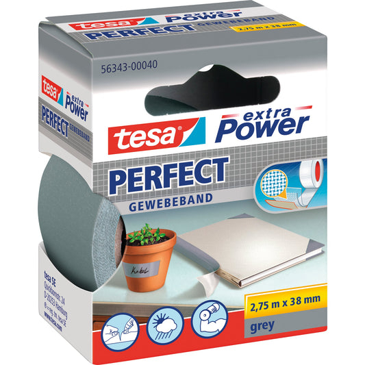 tesa® Gewebeband extra Power® Perfect Innenbereich, Außenbereich 38 mm x 2,75 m (B x L) grau